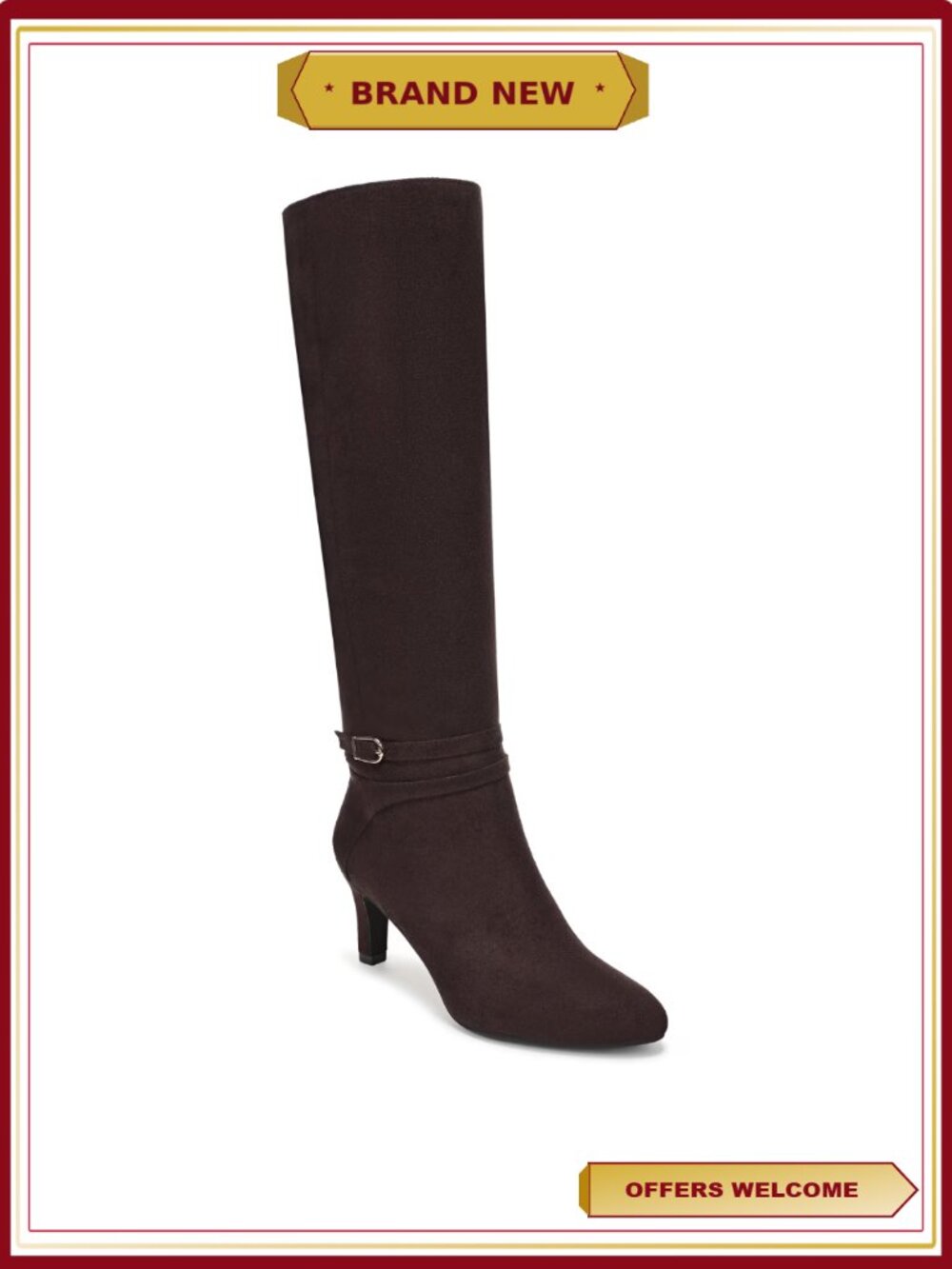 Tall Heeled Boots with Wrap Strap and Buckle Details, Soft System Comfort, Wide
